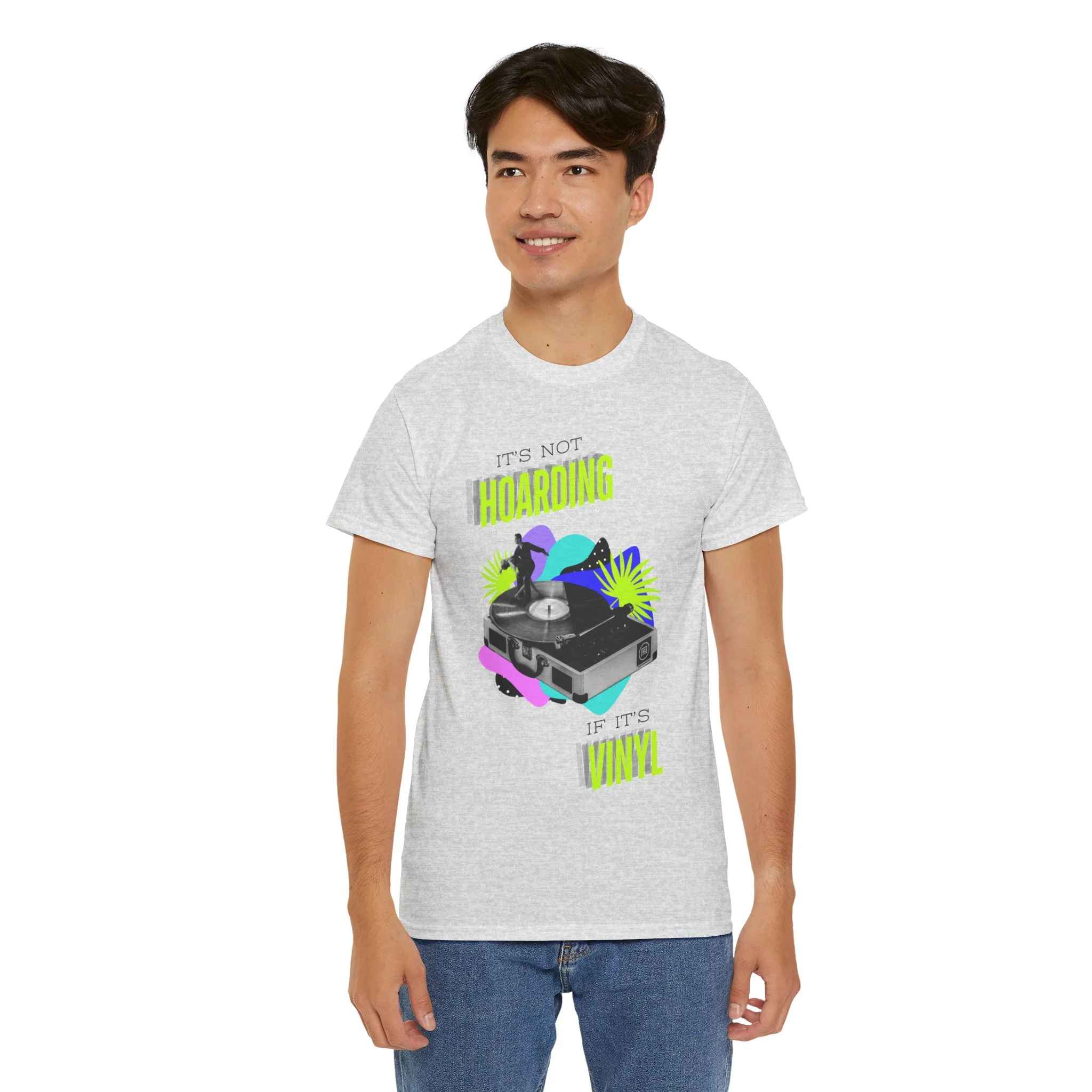 'It's Not Hoarding If It's Vinyl' Flouro Men's T-Shirt - Image 16