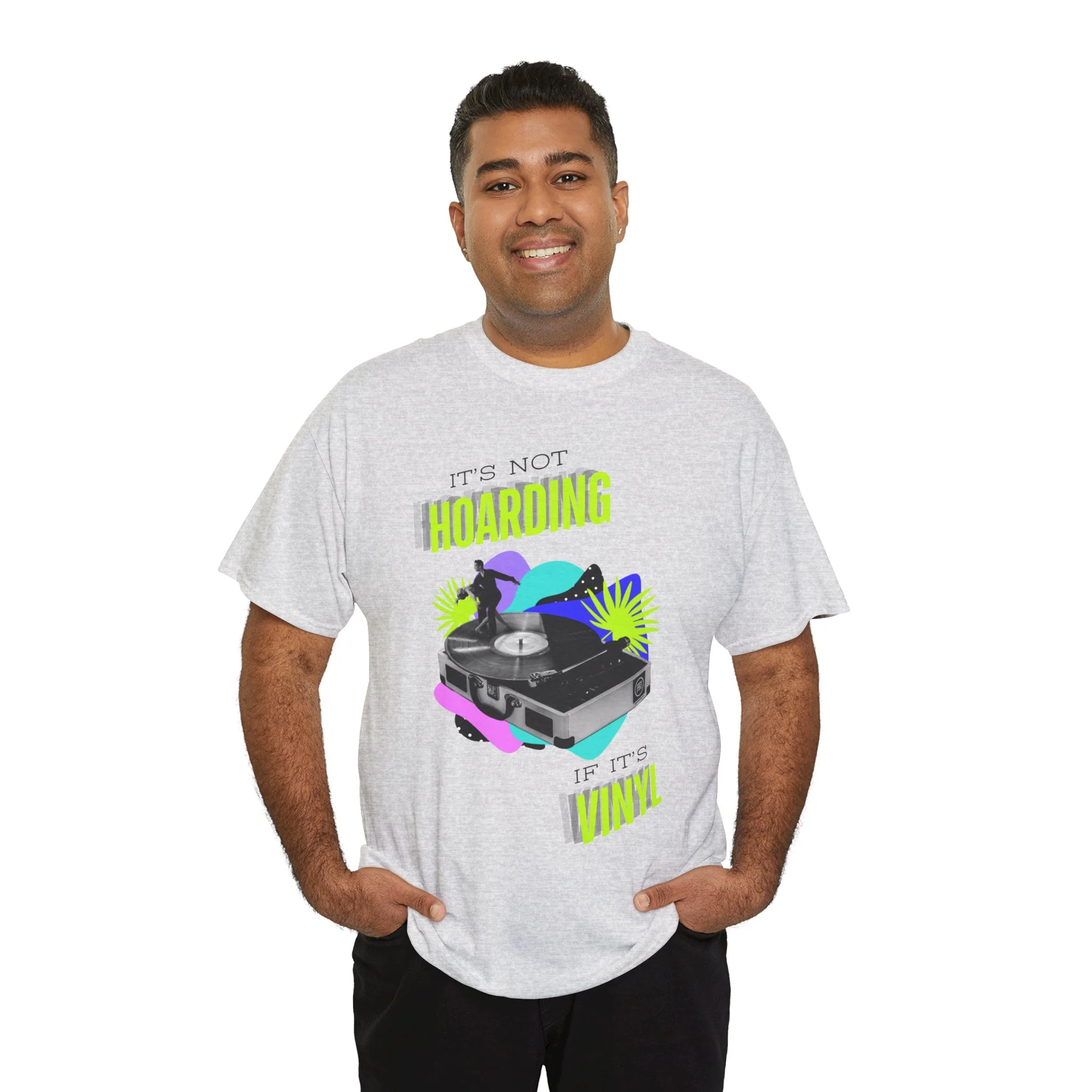 'It's Not Hoarding If It's Vinyl' Flouro Men's T-Shirt - Image 18