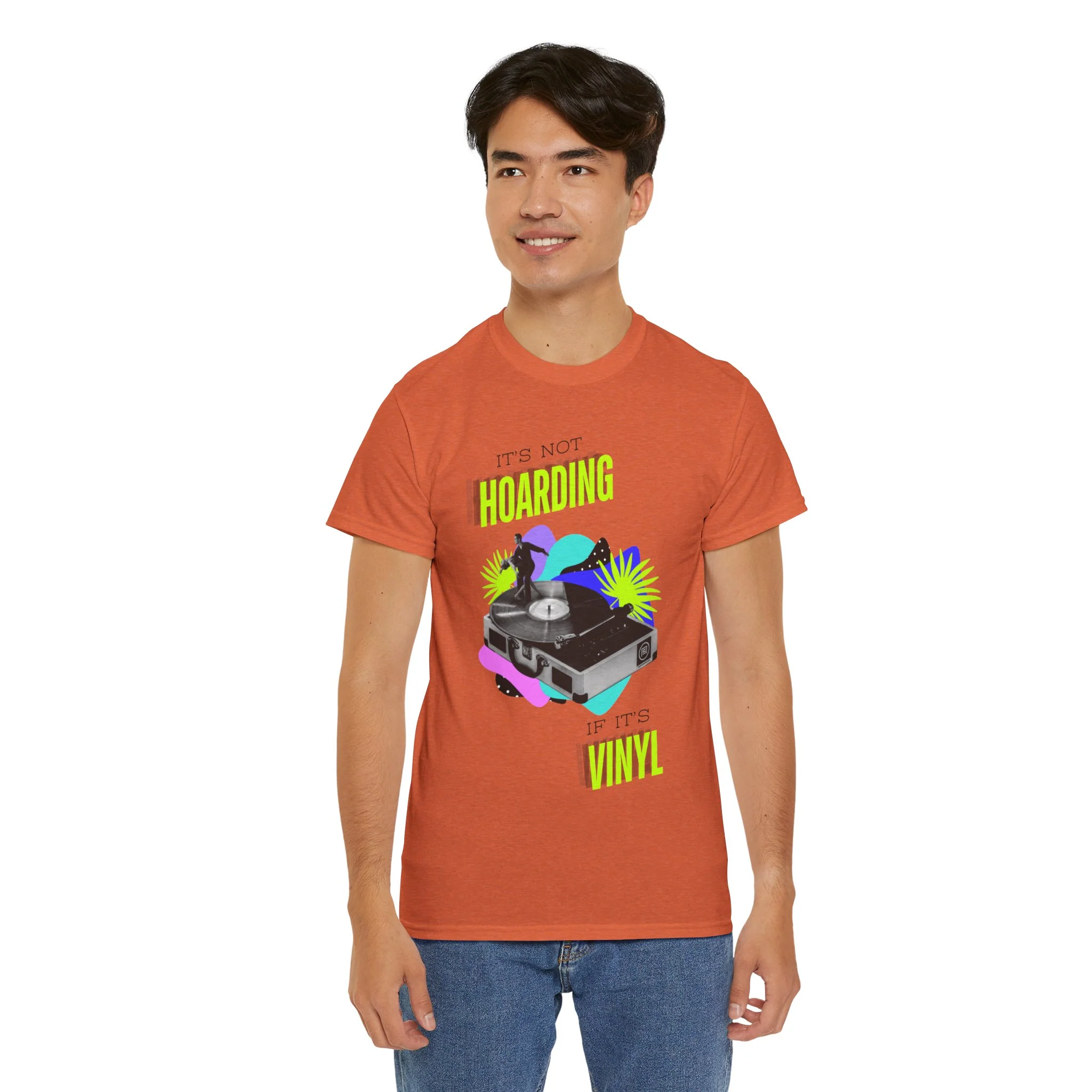 'It's Not Hoarding If It's Vinyl' Flouro Men's T-Shirt - Image 26