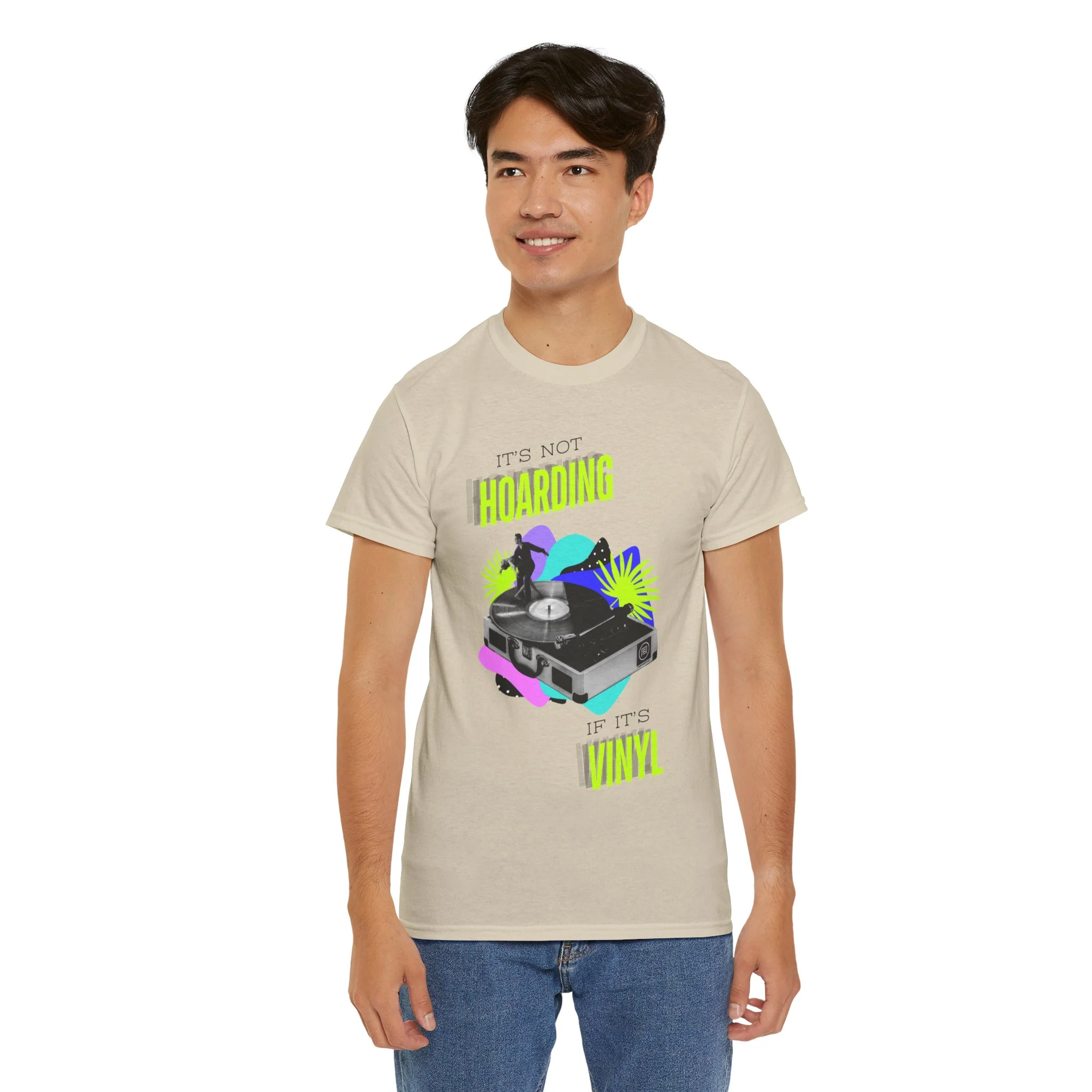 'It's Not Hoarding If It's Vinyl' Flouro Men's T-Shirt - Image 36