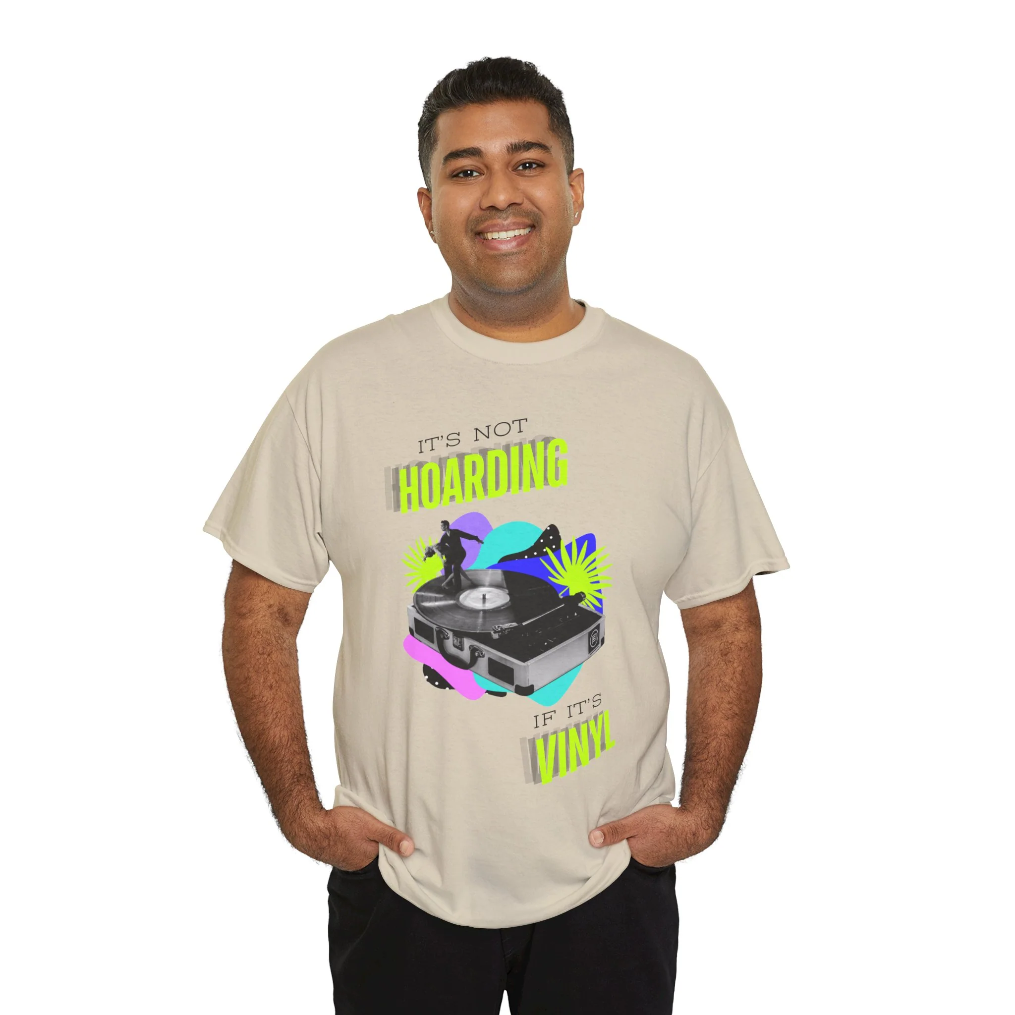 'It's Not Hoarding If It's Vinyl' Flouro Men's T-Shirt - Image 38