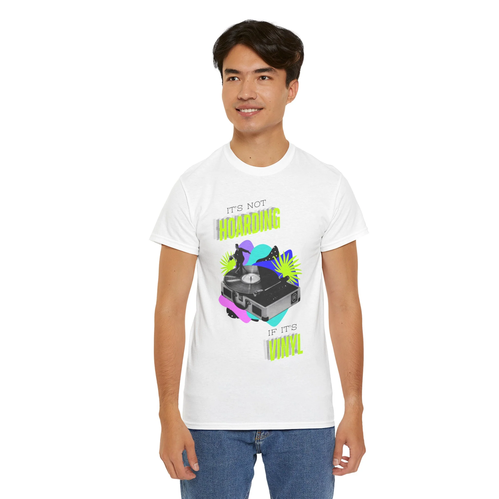 'It's Not Hoarding If It's Vinyl' Flouro Men's T-Shirt - Image 6