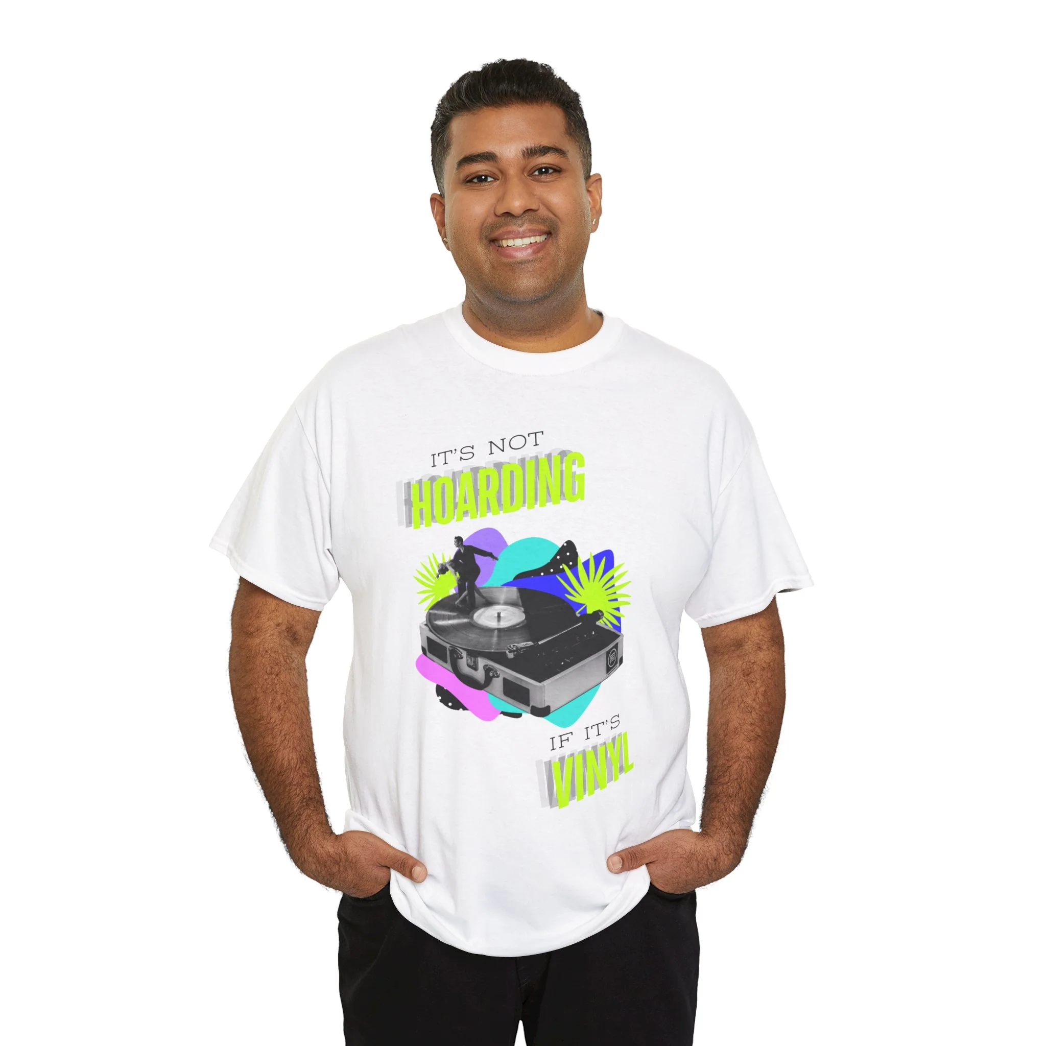 'It's Not Hoarding If It's Vinyl' Flouro Men's T-Shirt - Image 8