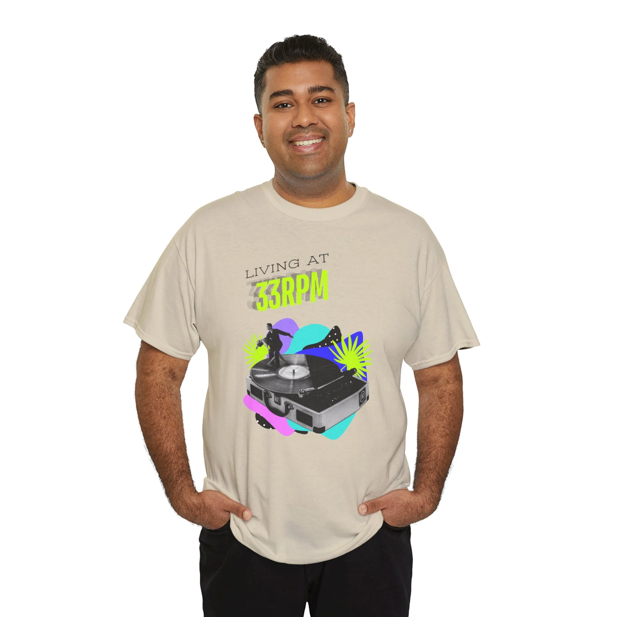 'Living at 33rpm' Flouro Men's T-Shirt - Image 33