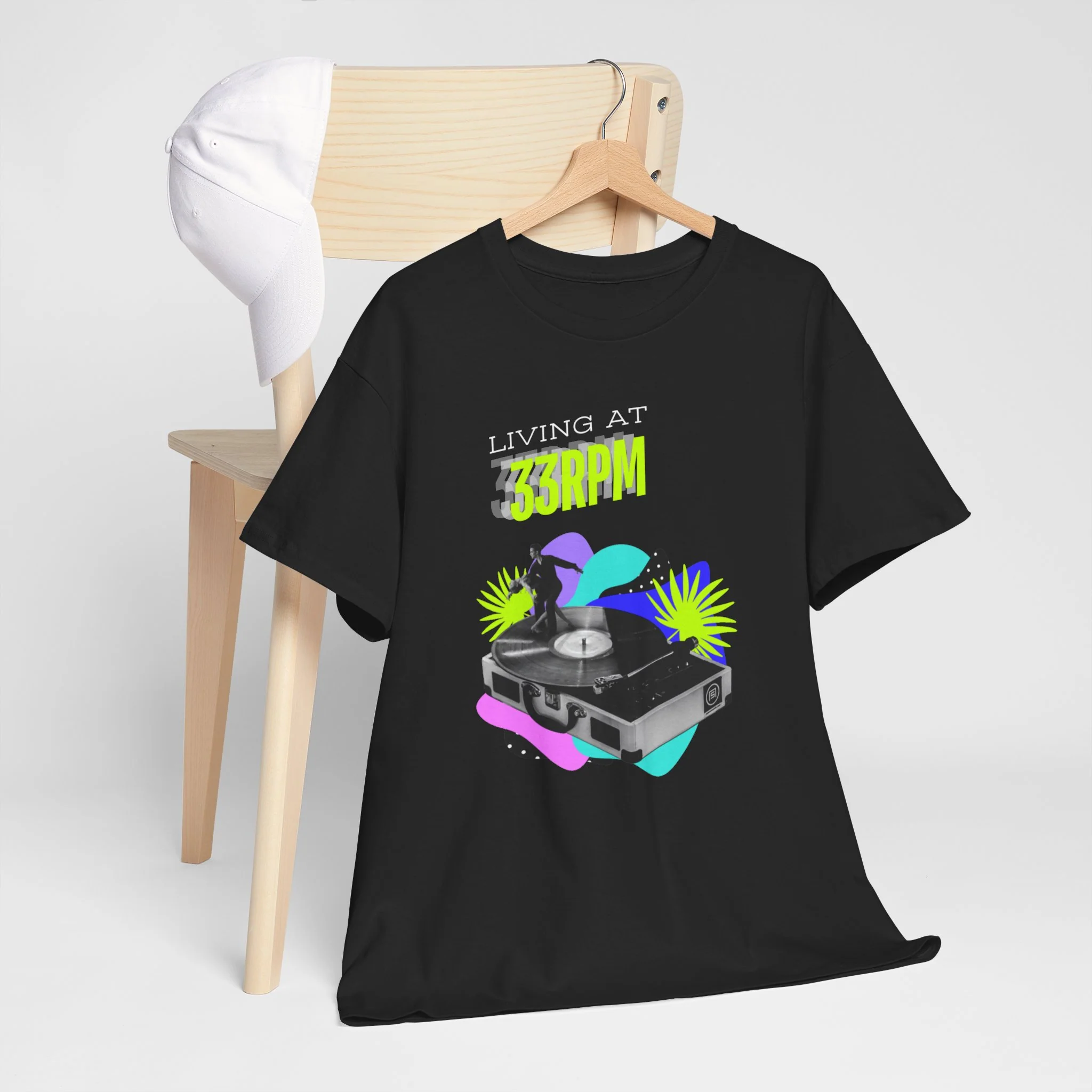 'Living at 33rpm' Flouro Men's T-Shirt - Image 40