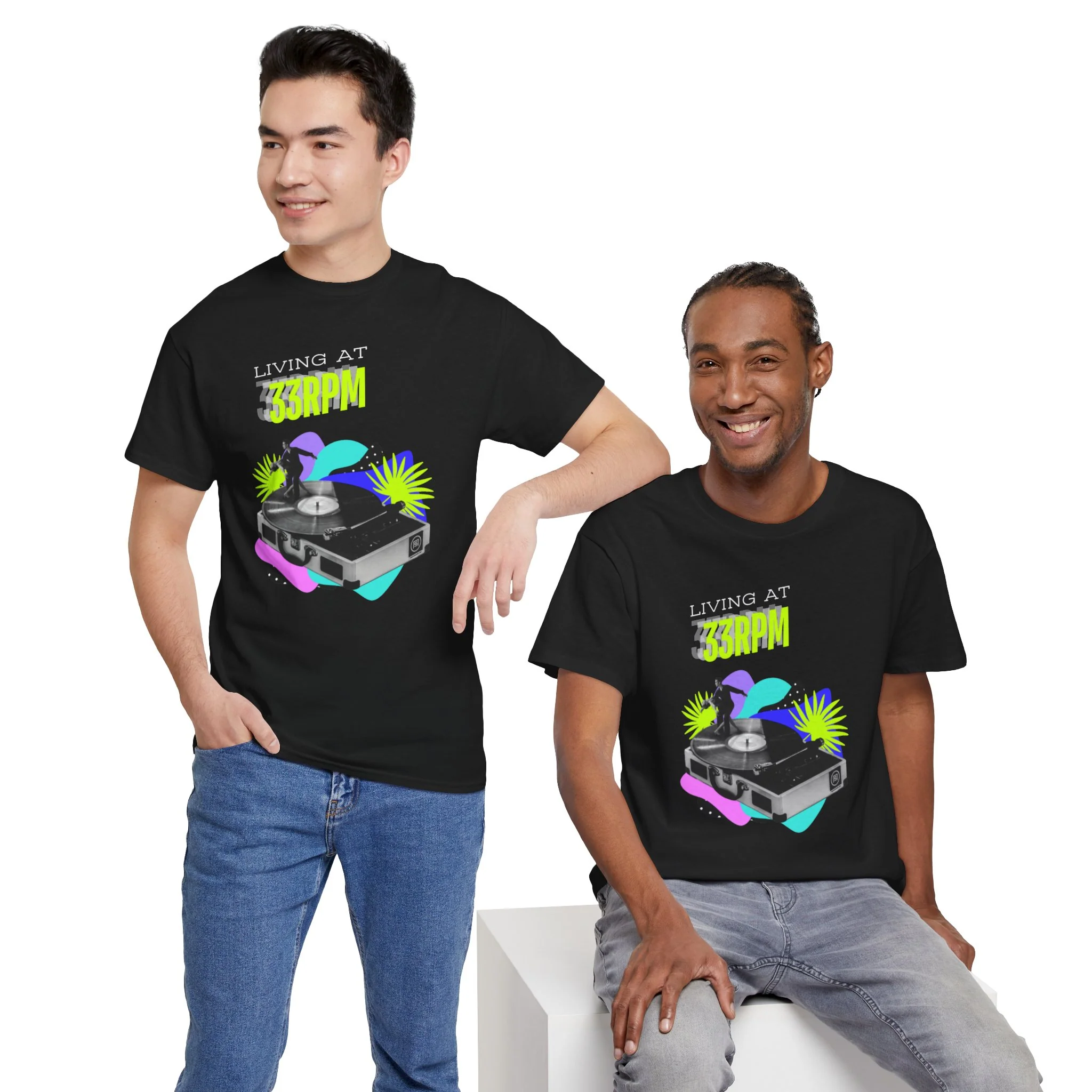 'Living at 33rpm' Flouro Men's T-Shirt - Image 44