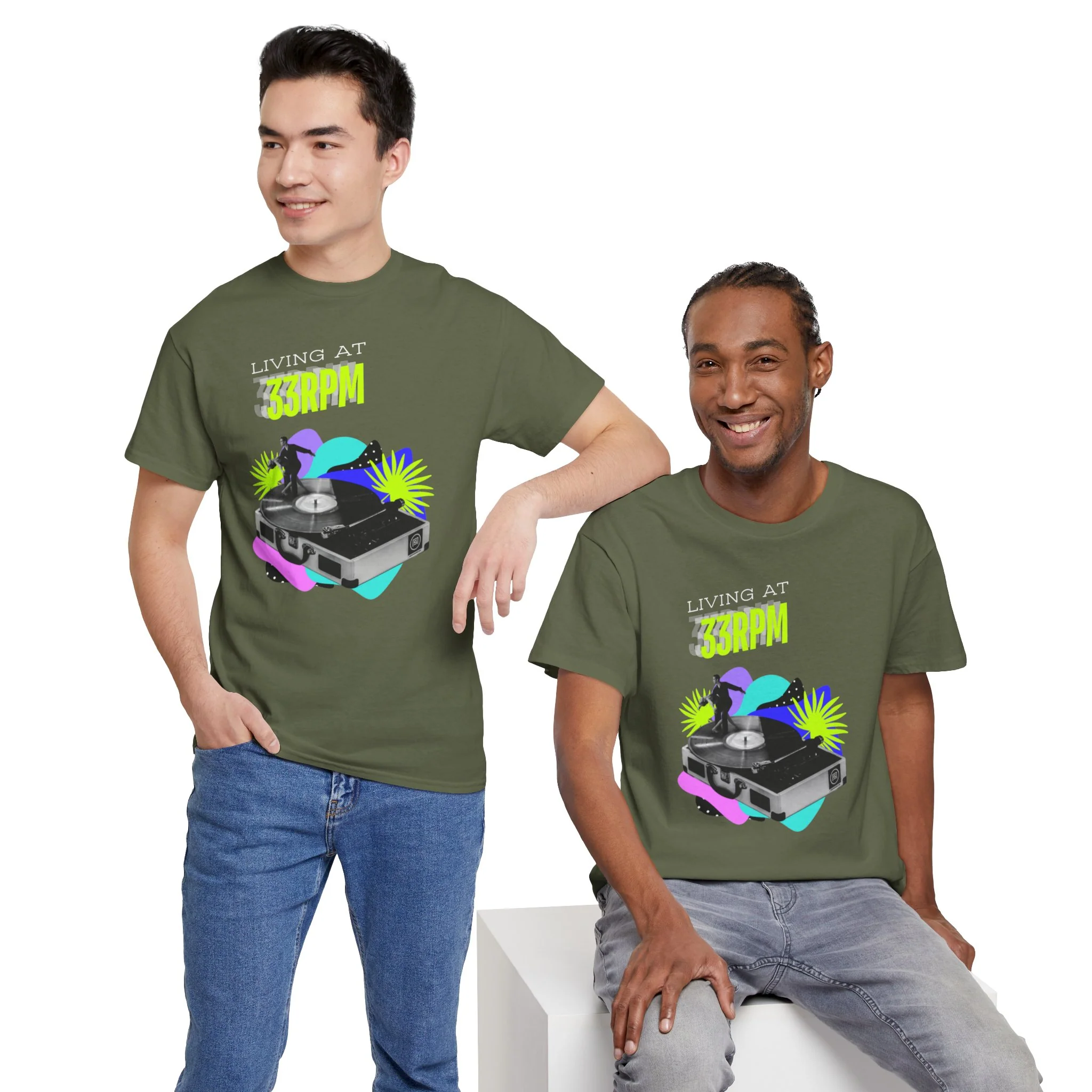 'Living at 33rpm' Flouro Men's T-Shirt - Image 53